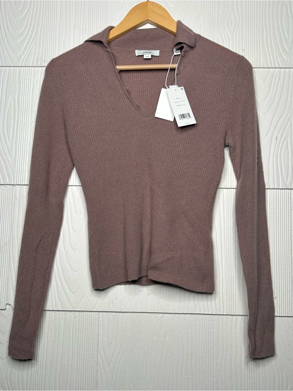 Vince Ribbed V-Neck Polo Sweater - Mauve